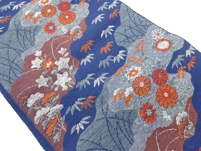 手織り紬道長取りに笹・秋草模様織出し名古屋帯